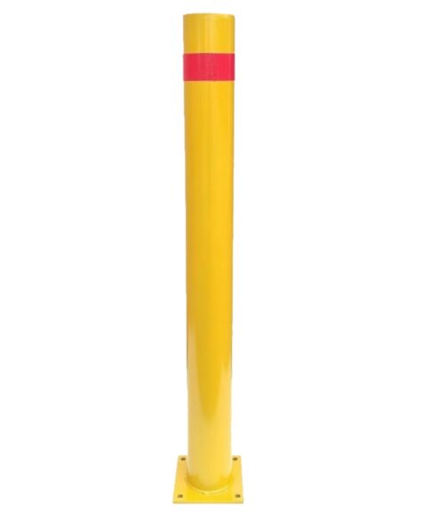 Pilona de seguridad fija amarilla con cinta reflectante con placa  diametro 80mm x800mm de altura