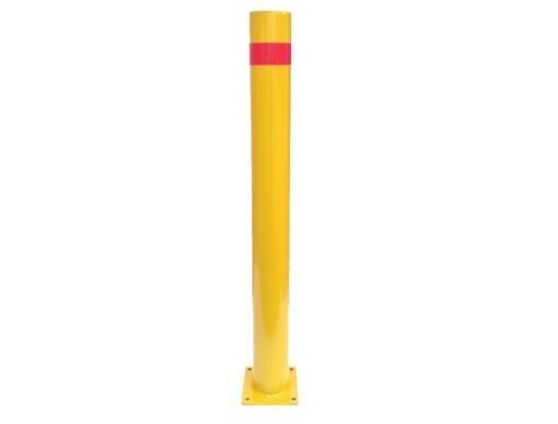 Pilona de seguridad fija amarilla con cinta reflectante con placa  diametro 80mm x800mm de altura
