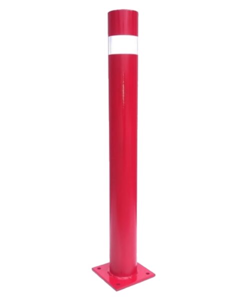 Pilona de seguridad fija roja con cinta reflectante con placa  diametro 80mm x800mm de altura