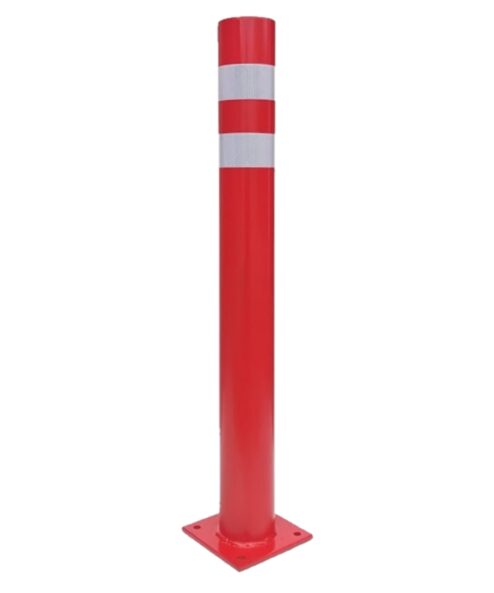 Pilona de seguridad fija roja con doble cinta reflectante con placa diametro 80mm x800mm de altura