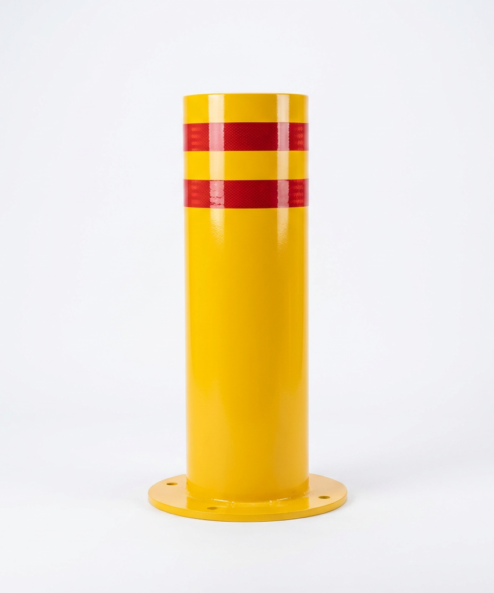 Pilona de alta seguridad fija amarilla doble cinta reflectantes con placa de 220mm diametro 750mm de altura