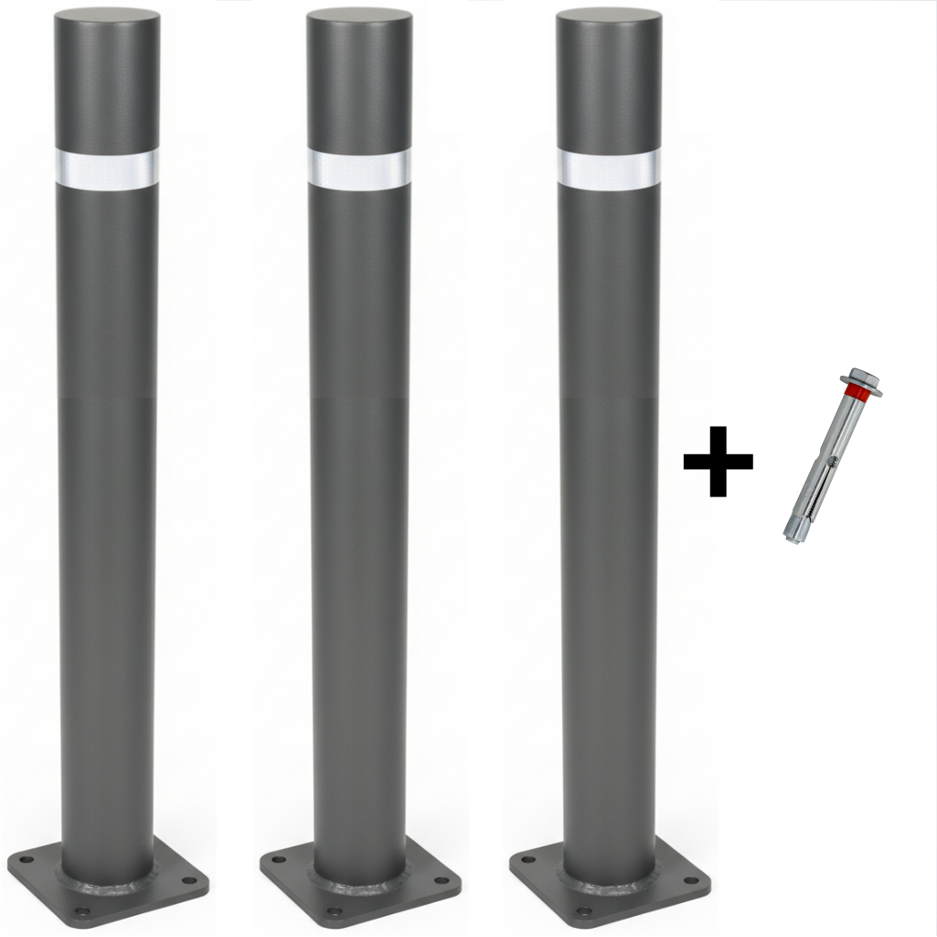 Pilona con placa fija Bolardo de hierro para atornillar a suelo (3-Pilonas + Tornillería)
